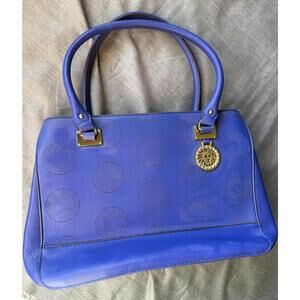 Anne Klein Royal Blue & Gold Shoulder Bag Top Zipper Faux Leather Old Money